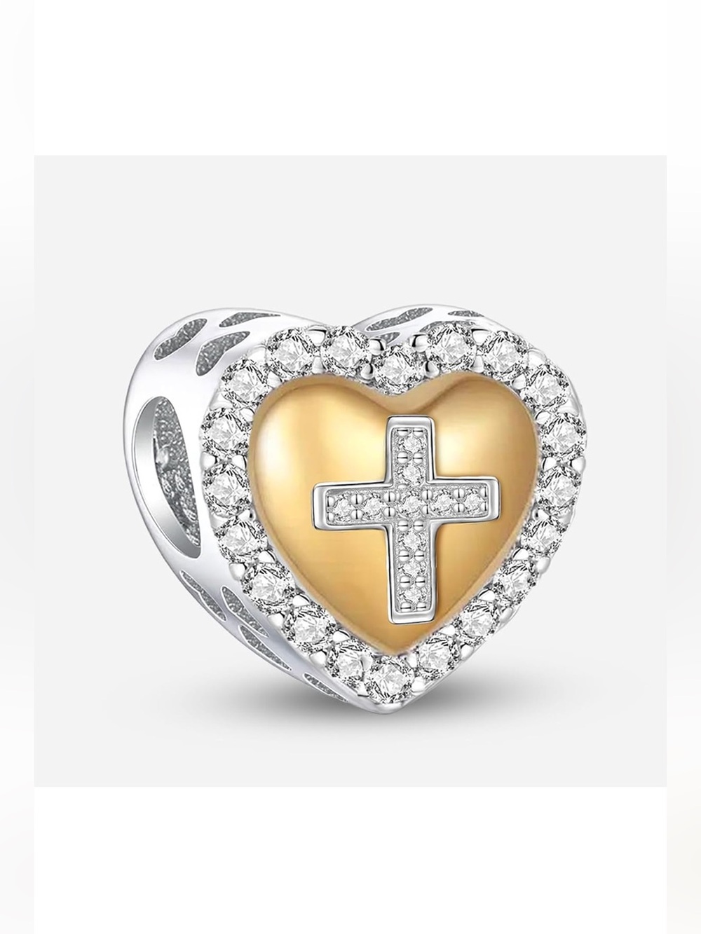 ✝️ Sterling Silver Gold Heart Cross CZ Charm